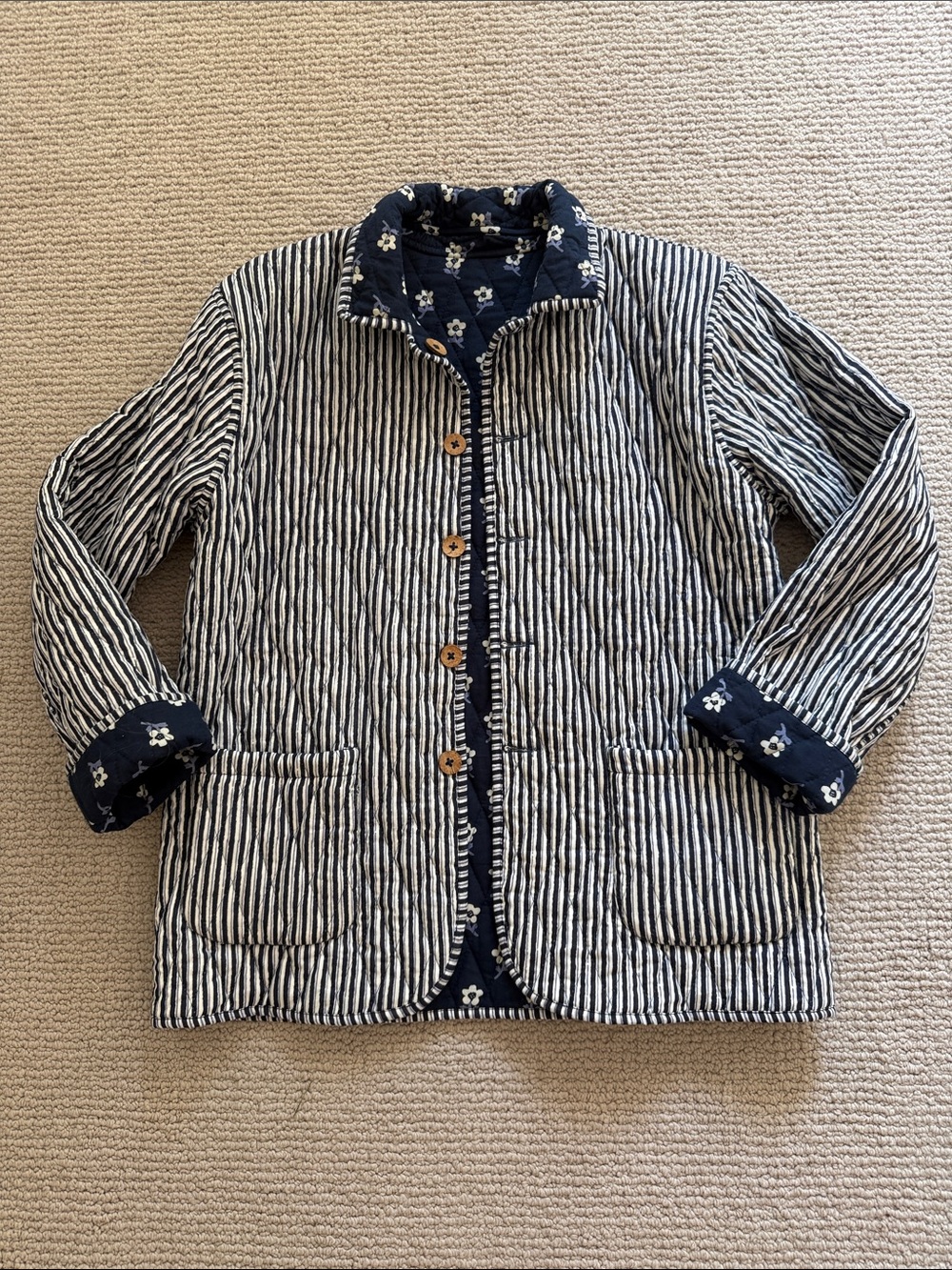 Navy and White Striped Teddy Jacket with Floral Trim